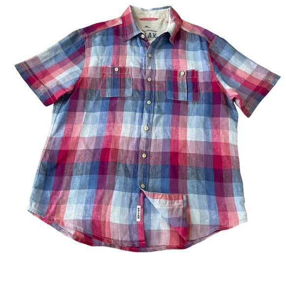 Tommy Bahama Relax Linen Shirt Men's Size Medium Blue Red Plaid Beach Vacation - Picture 1 of 6